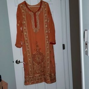 Kurta peach and burgundy chiffon embroidery all over large